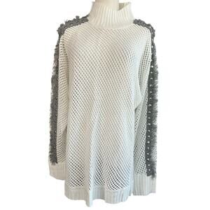 Ashley Stewart NWT Sweater Open Knit Silver Beads Fringe 1X Boho Feminine Causal